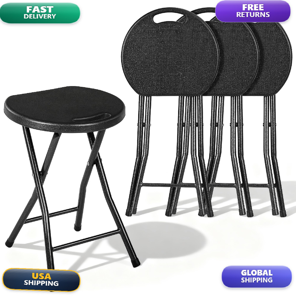 Vecelo Folding Stool 4-Pack 18 Hdpe Foldable Stool Iron X-Frame Solid Bottom