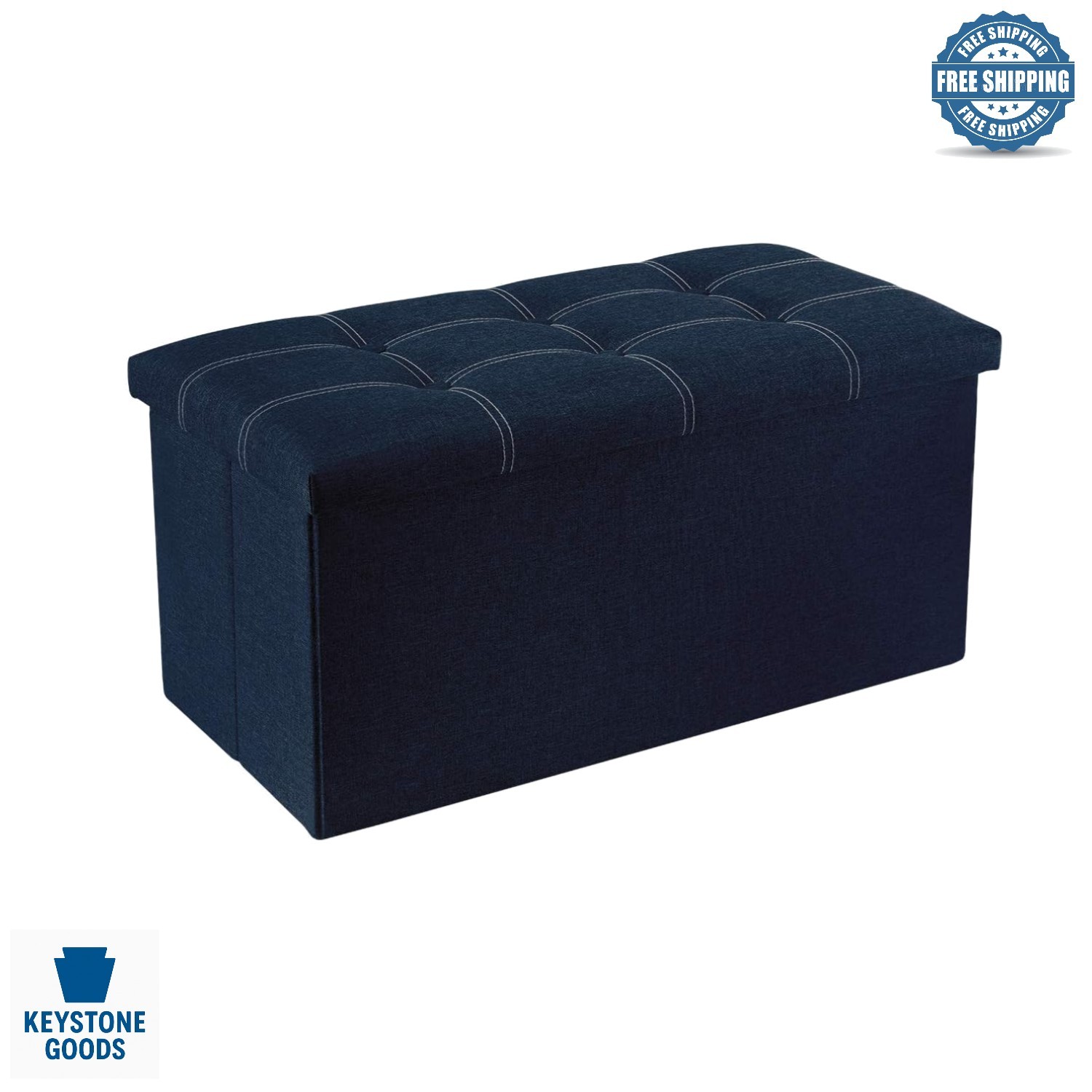 Blue Linen Folding Ottoman with 23-Gallon Storage & 350lb Support