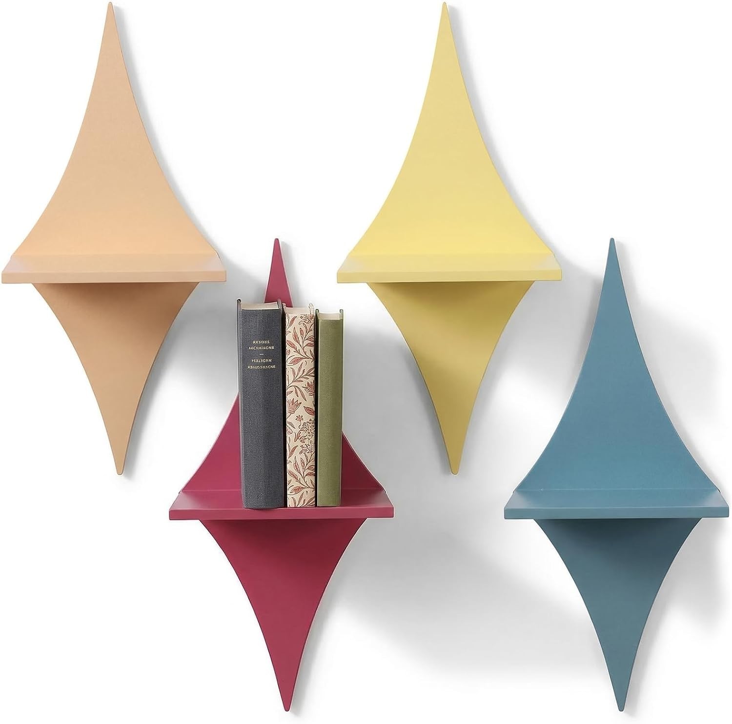 4 PCS Floating Wood Shelves Star Shaped 13.8 X 5.9 Inch Mid Century Wall Decor