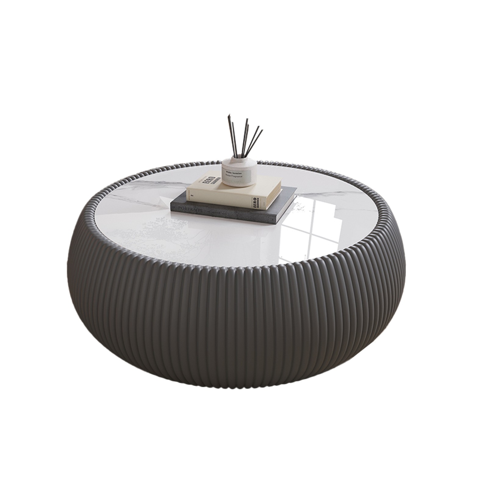 Light Sintered stone Top Drum Shape Leather Coffee modern Sofa Table for Living