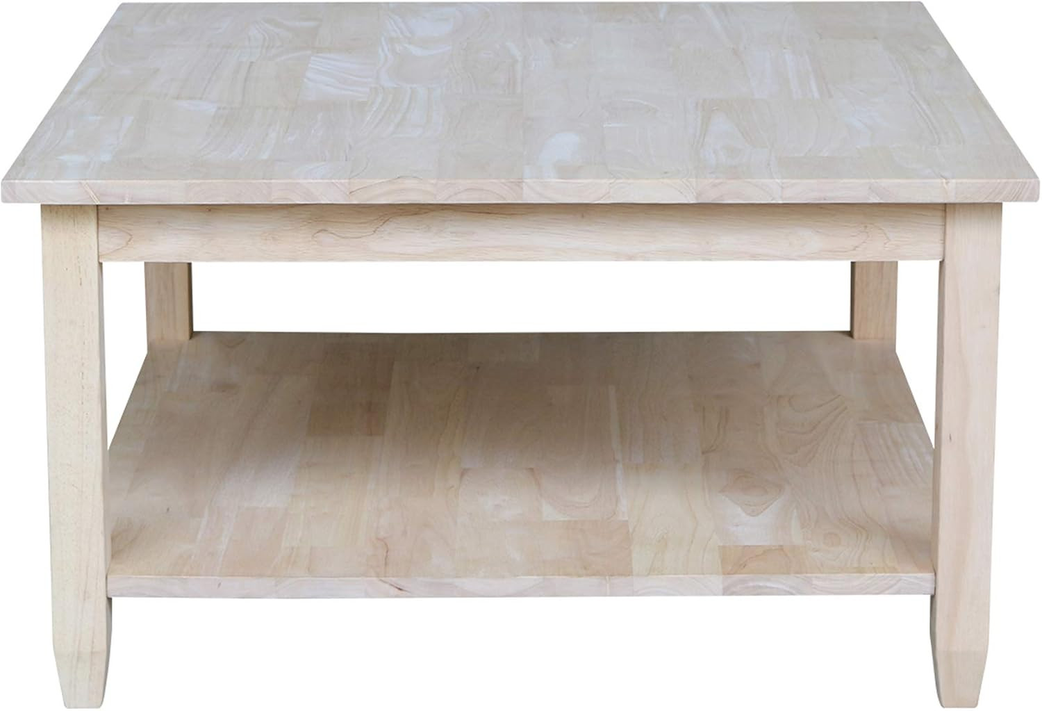 Solid Parawood Square Coffee Table with Shelf, Unfinished, 32″W x 32″D x 18″H