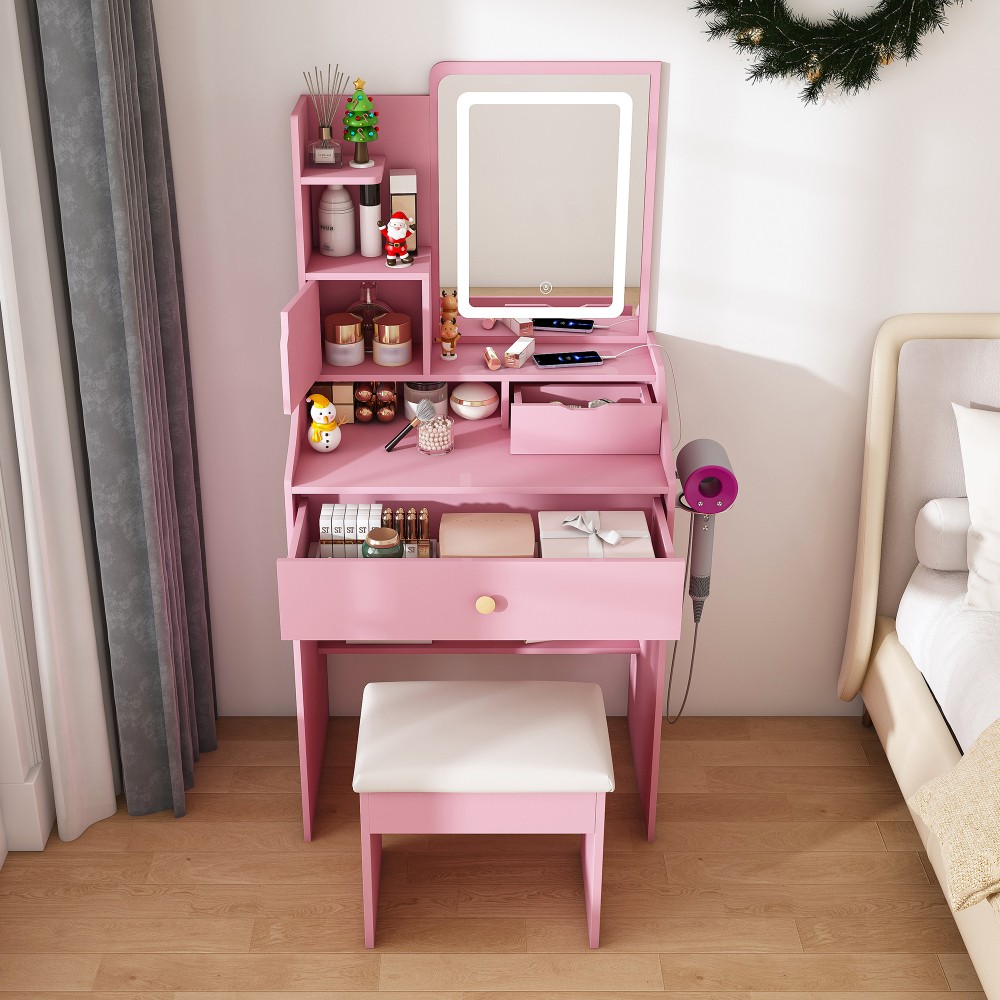 Vanity Desk with Mirror Stool 3-Color LED Pink Dressing Table with 2 Drawers