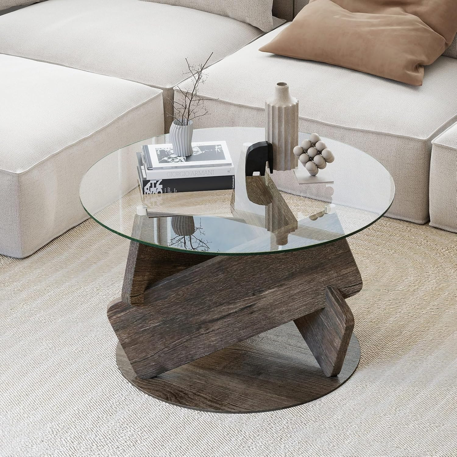 Modern 32″ Glass Coffee Table with Wood Legs for Small Spaces – Grey Oak
