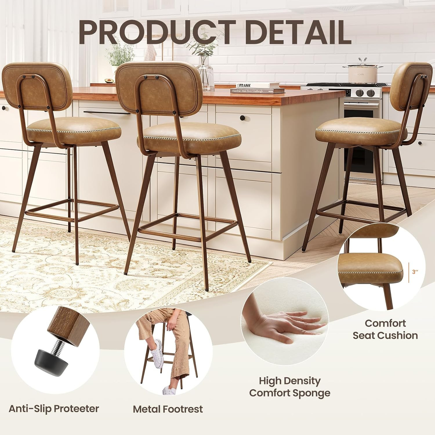Mid Century 26″ PU Leather Swivel Bar Stools Set of 2, Brown Metal Legs