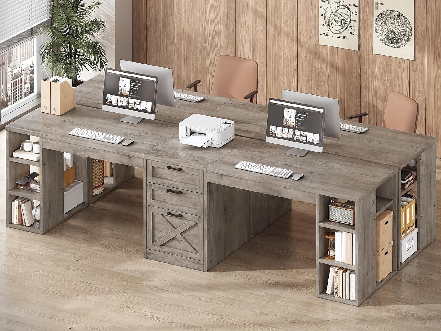 Farmhouse 96.5″ Computer Desk, Long Two Person Desk w/3 Drawers &Storage Shelves