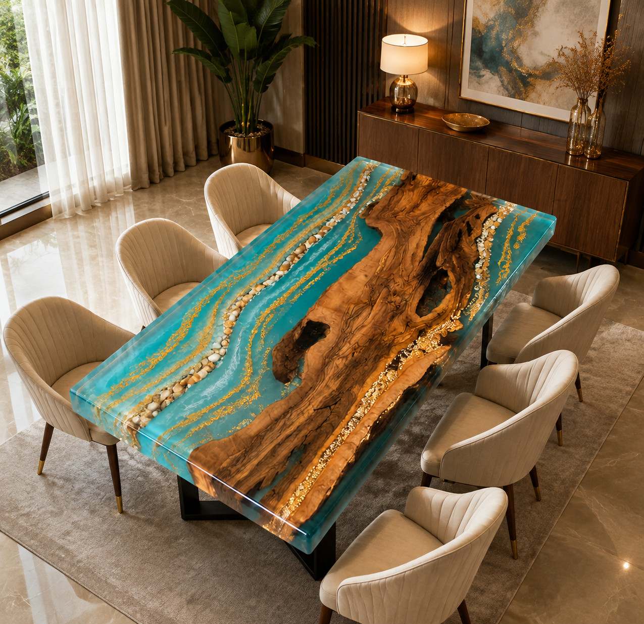 Handmade Turquoise Epoxy River Dining Table | Live Edge Olive Wood Luxury Resin
