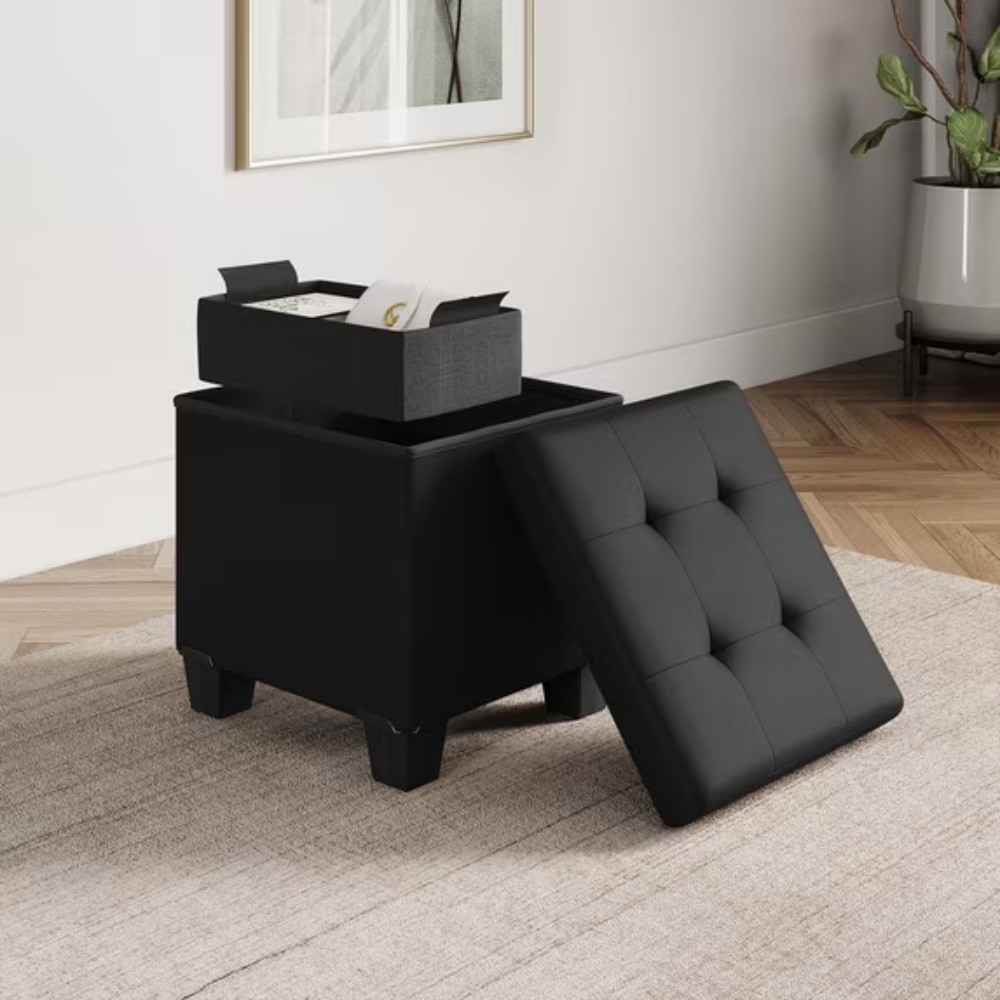 15-inch StorageBud Leather Foot Stool Storage Ottoman Bench Black Home Furniture