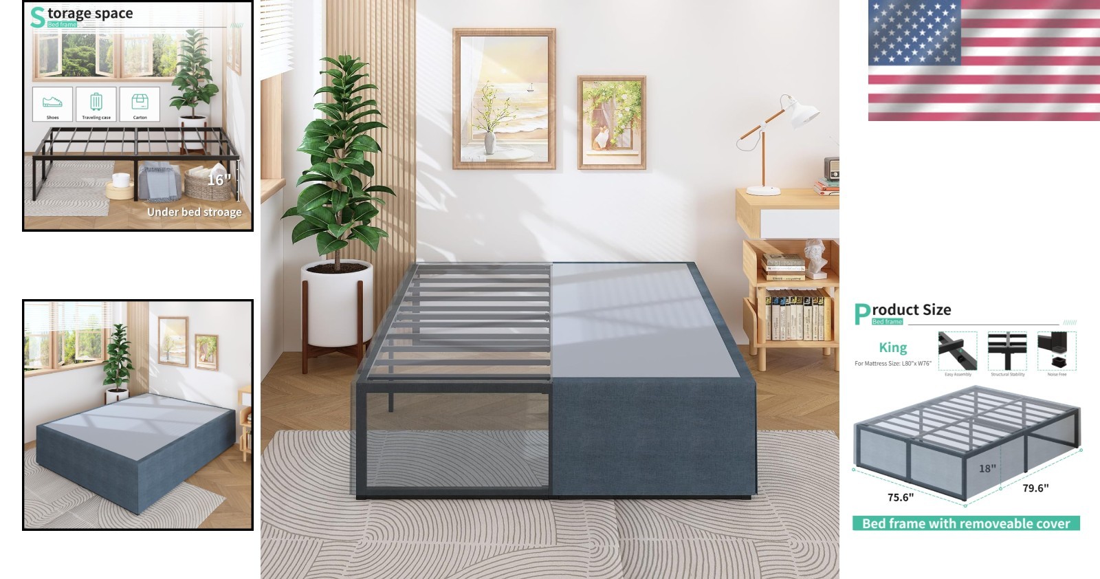 18″ King Bed Frame w/ Storage, No Box Spring, Black & Blue