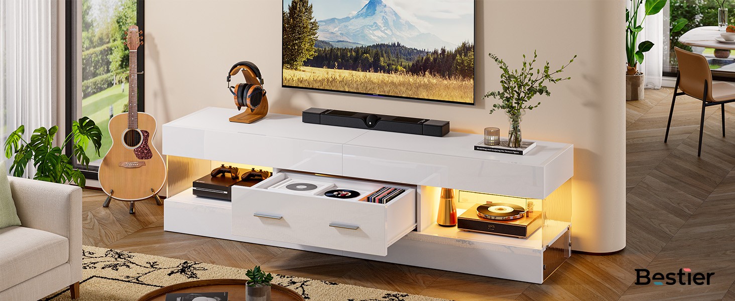 Black TV Stand for 55/60/65 Inch TV, High Gloss Modern TV Stand with