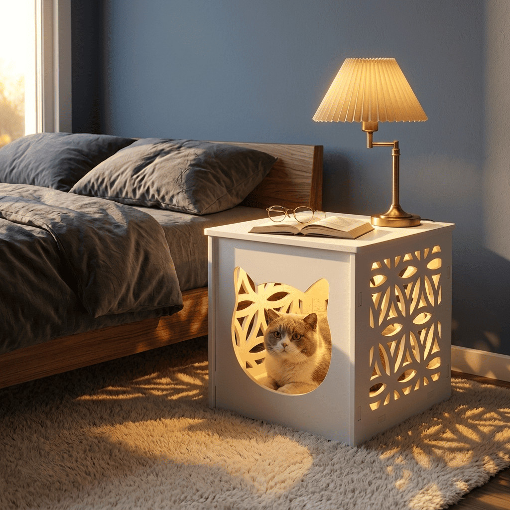Cat House Side Table with LED Light White Pet Condo Nightstand End Table Bed
