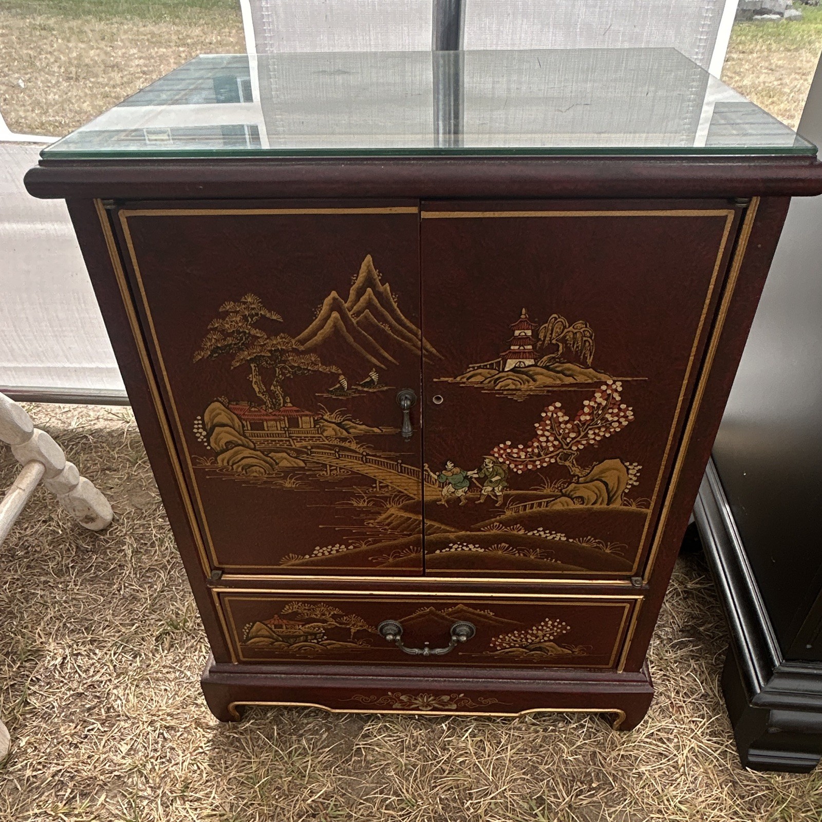 Oriental Style Brown/Gold Wood Nightstand Glass Top 1 Drawer 24x20x25