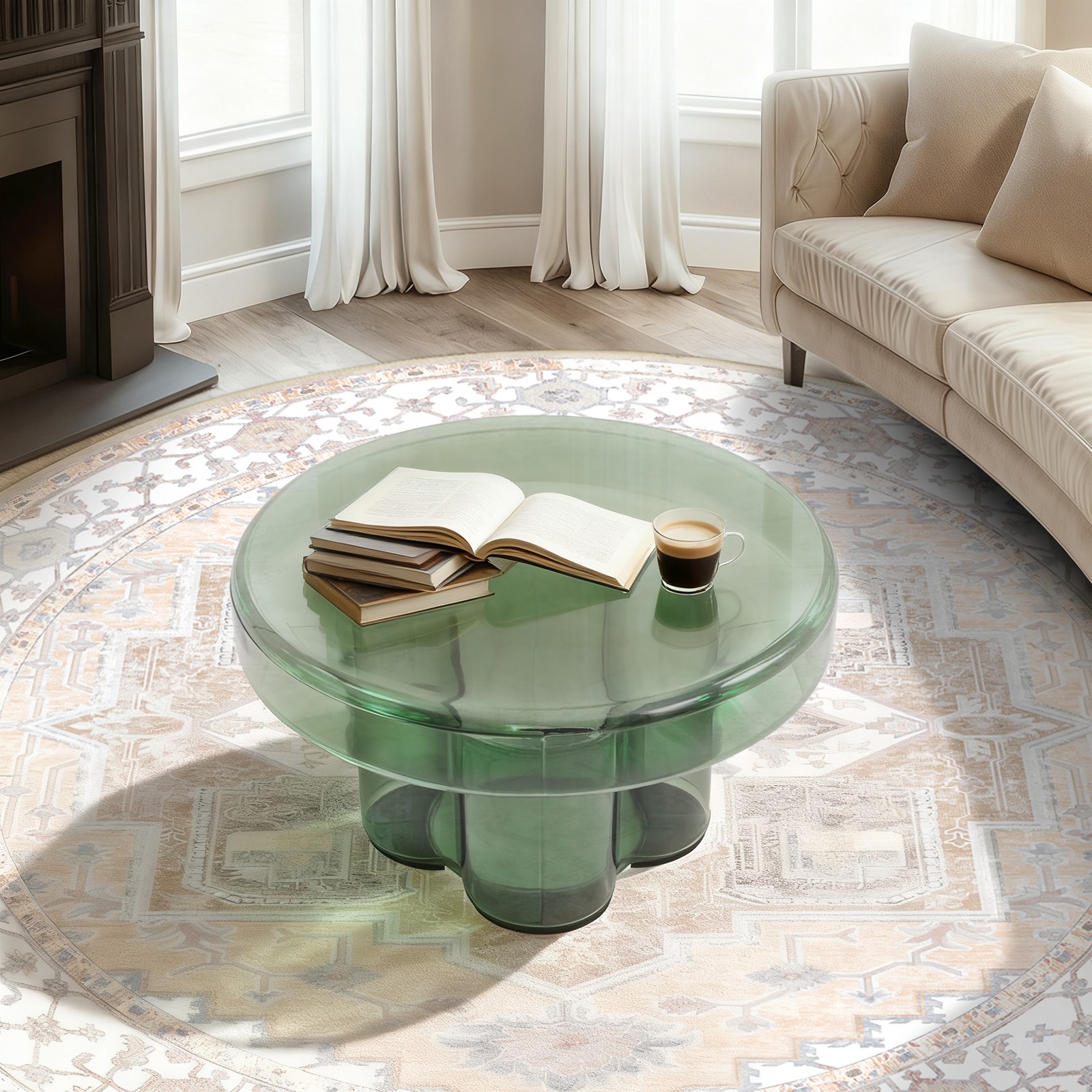 55*30cm Round Glass Side Table for Living Room, 44.09lbs Load Glass Coffee Table