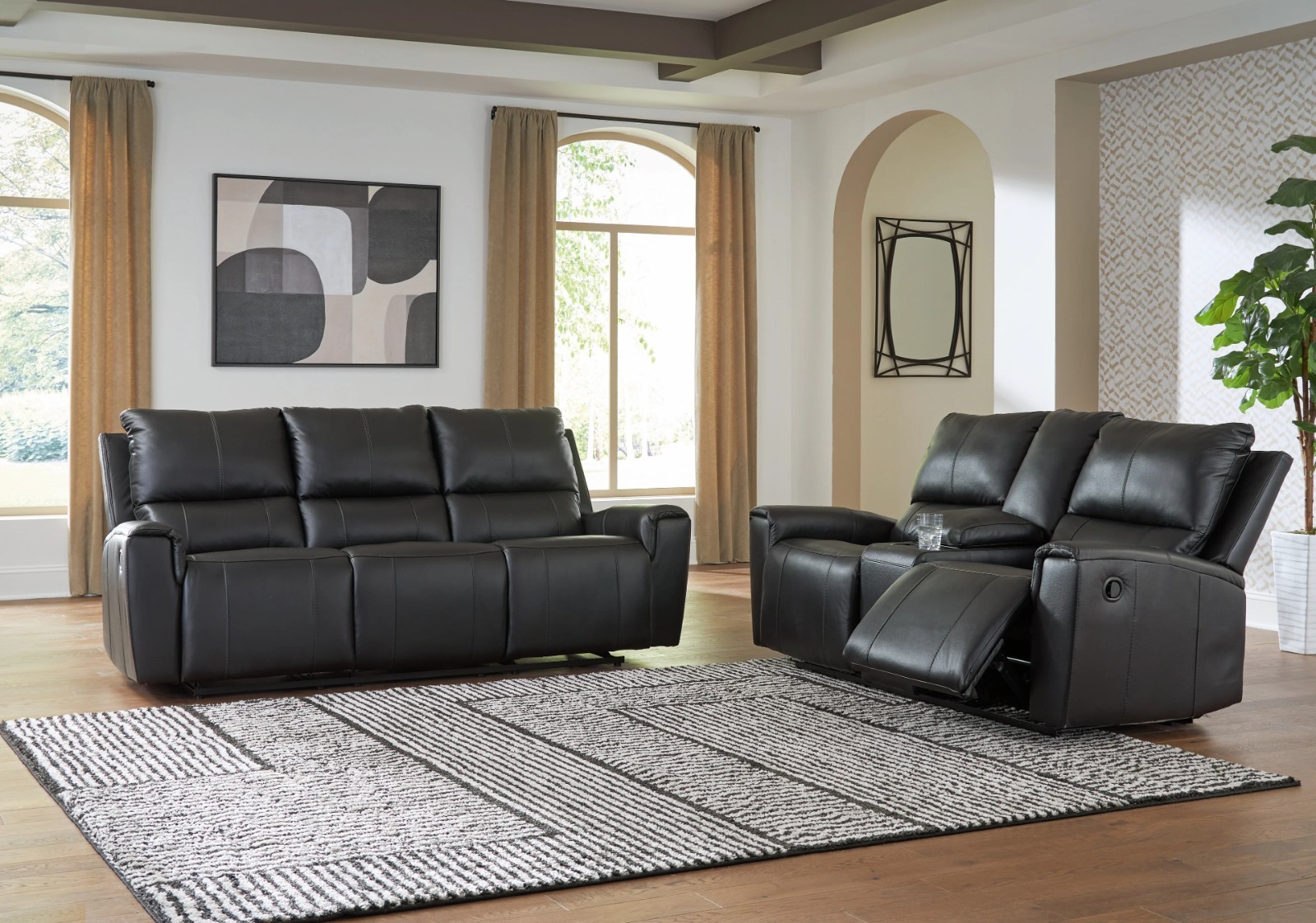 LUXURY Genuine Top-Grain Leather 2PC Sofa Recliner Living Room Set Black