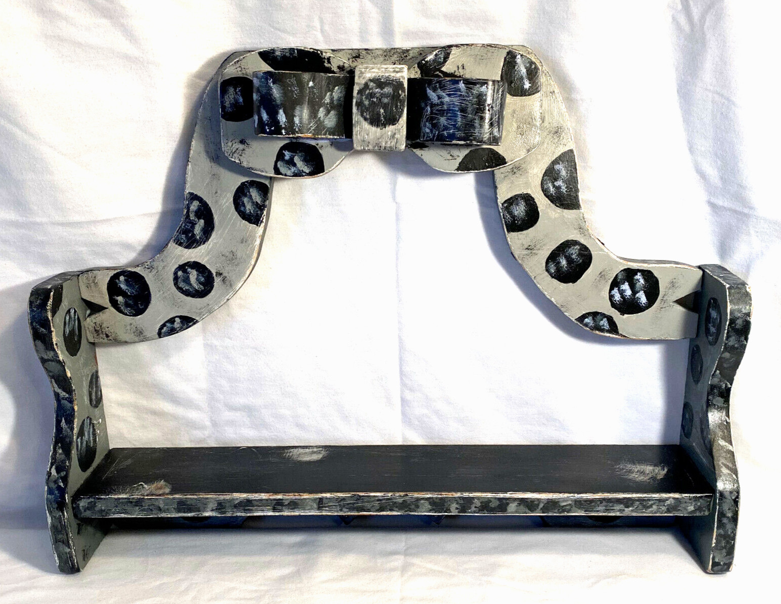 VTG Wood Wall Painted Polka Dot Distressed Black Gray White Decor Shelf w/Bow