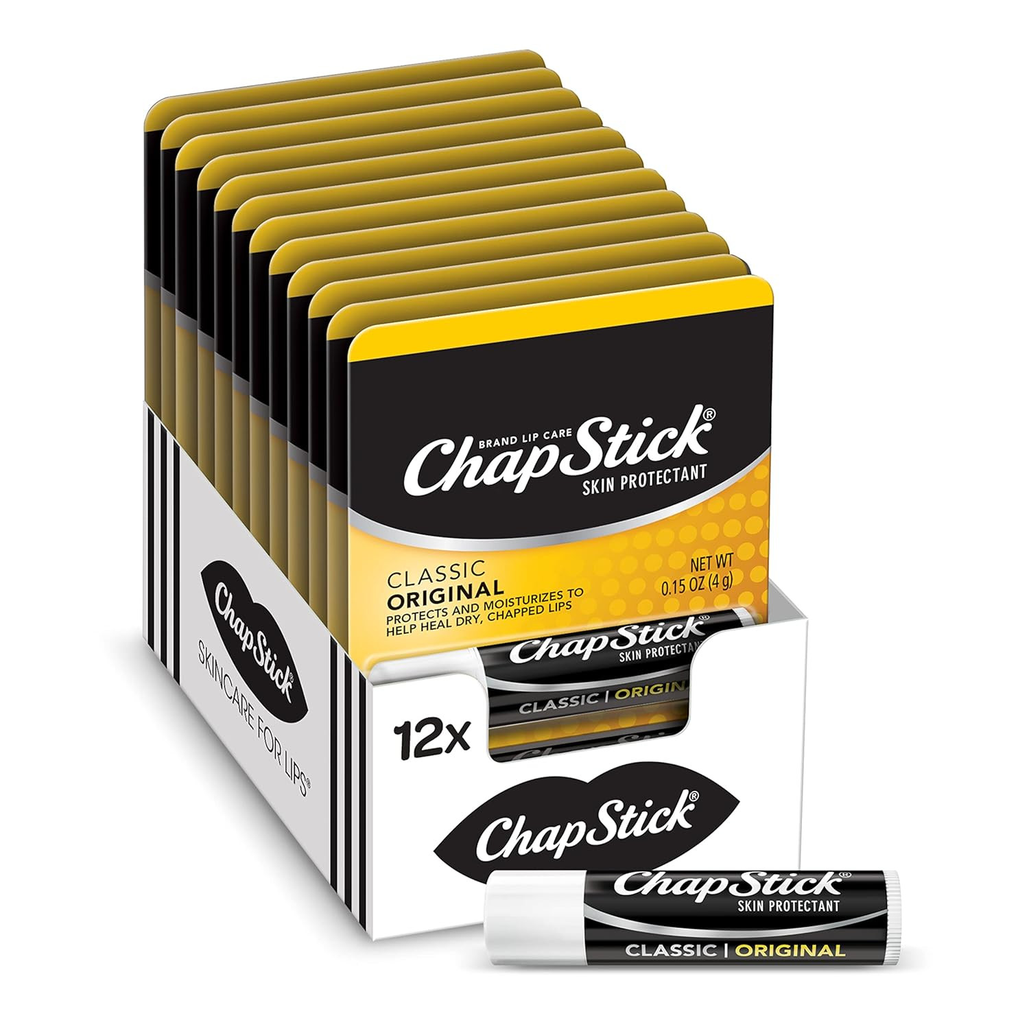 Chapstick Classic Original Lip Balm Tubes, Lip Care – 0.15 Oz (Pack of 12)