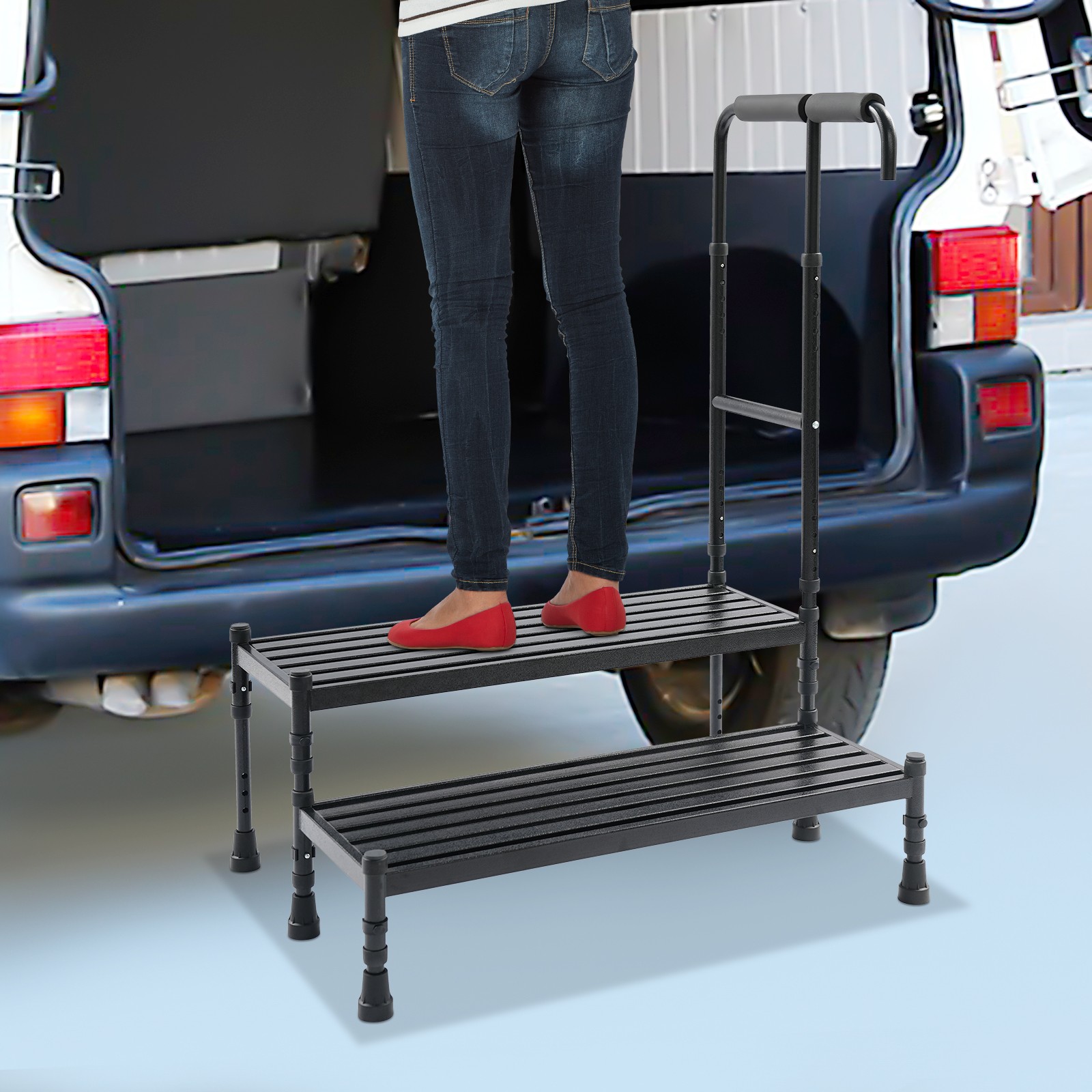 2 Steps Stool with Handle, Adult Ramp with Handrail, Metal Stepping Stool