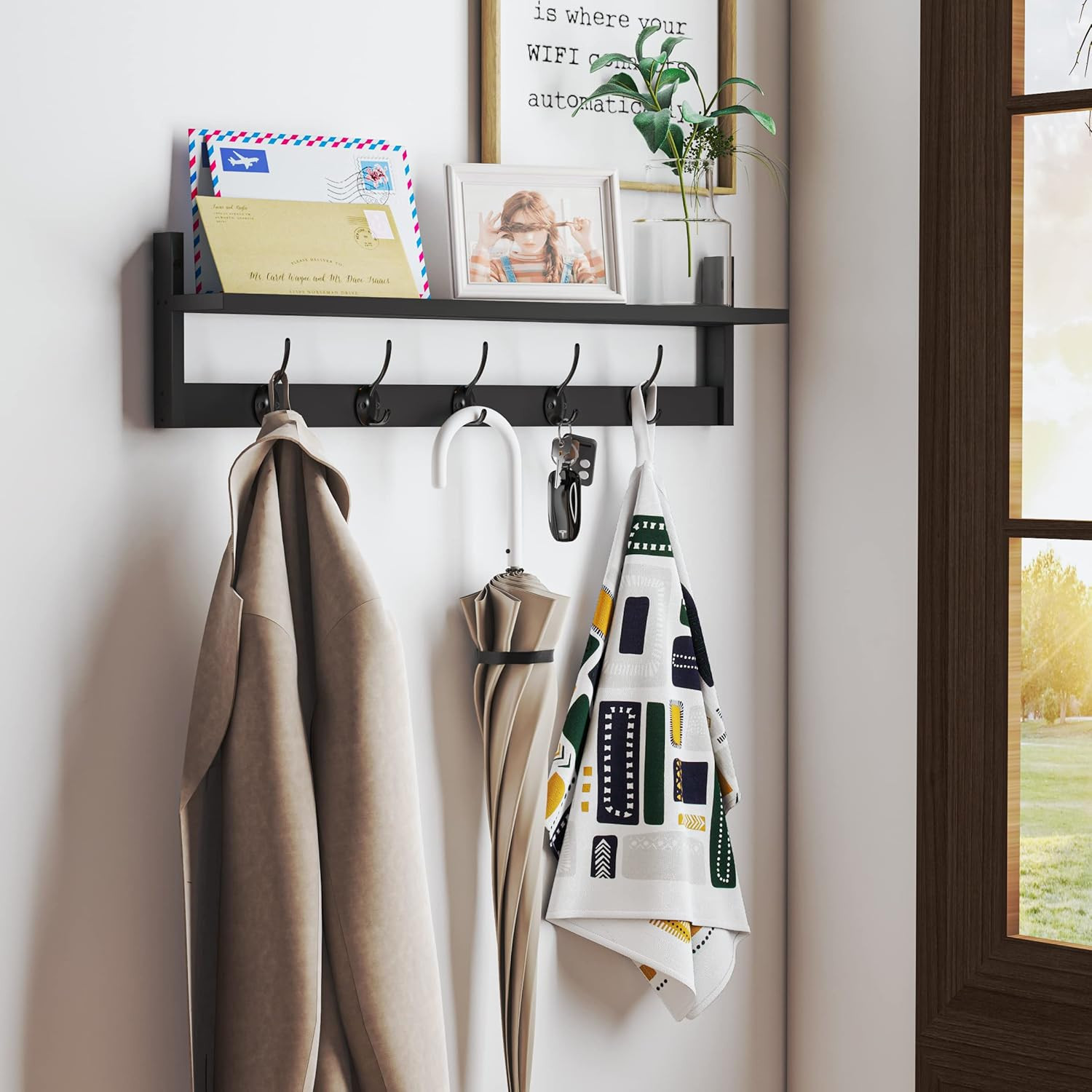 Wall-Mounted Shelf with Hooks – 28.9 Inch Entryway Hanging Shelf with 5 Dual Hoo