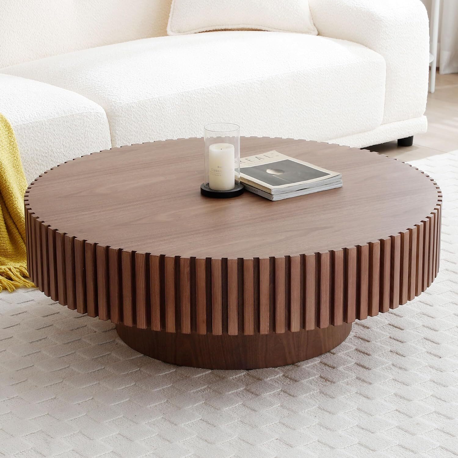39.37″ Round Coffee Table Handcrafted Relief Sturdy Pedestal Wooden Round Shaped