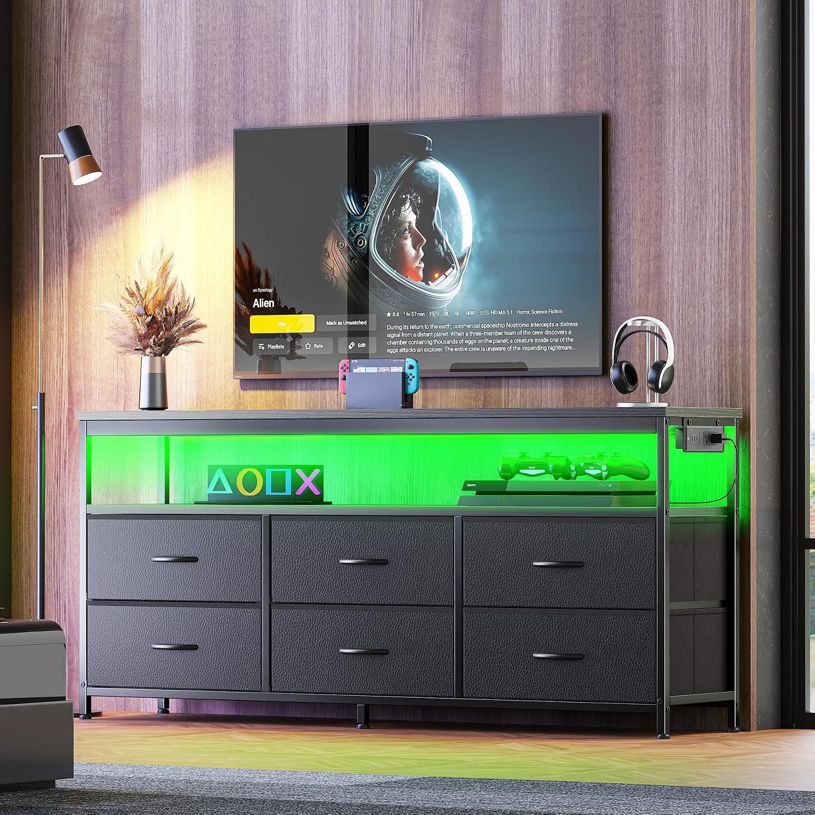 Huuger LED TV Stand for 43-55 Inch TV, 6 Drawer Storage, Black