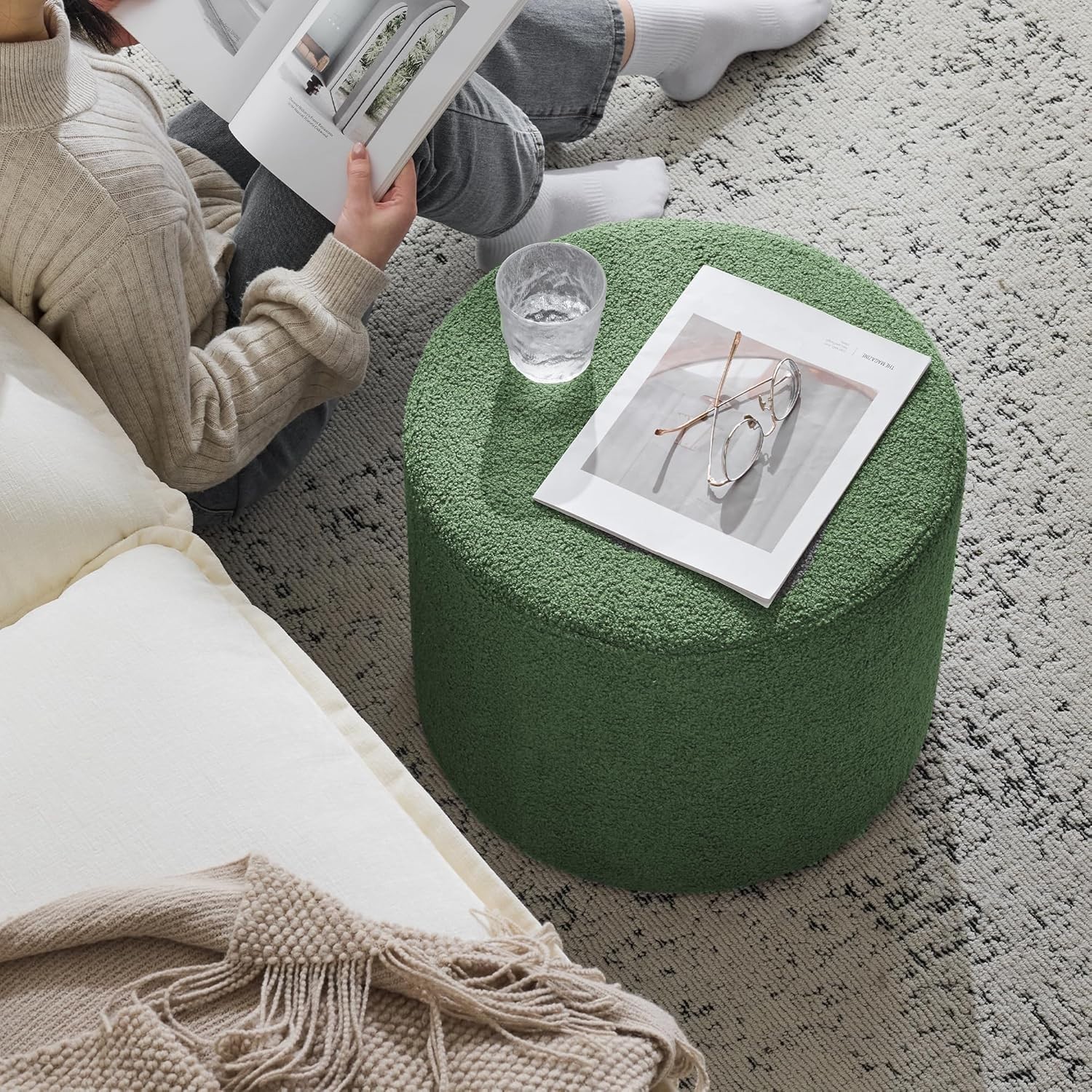 Bezseller Teddy Fabric Round Ottoman Foot Stool 17.7×13.8 Green Pouf