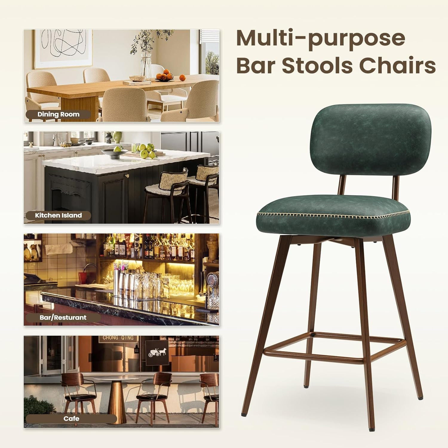 Set of 3 Mid Century Green PU Leather Swivel Bar Stools with Metal Legs