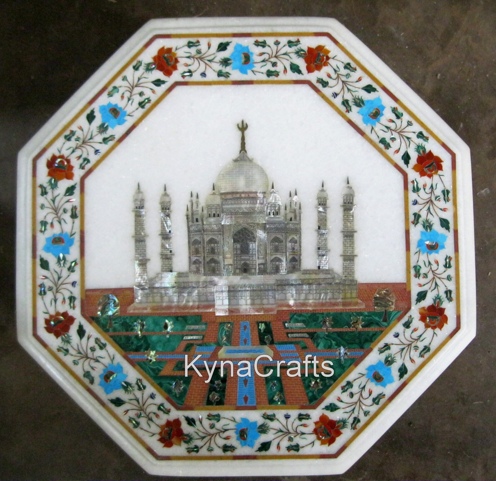 16 Inches Marble Coffee Table Top Taj Mahal Art Inlay Work Corner Table for Home