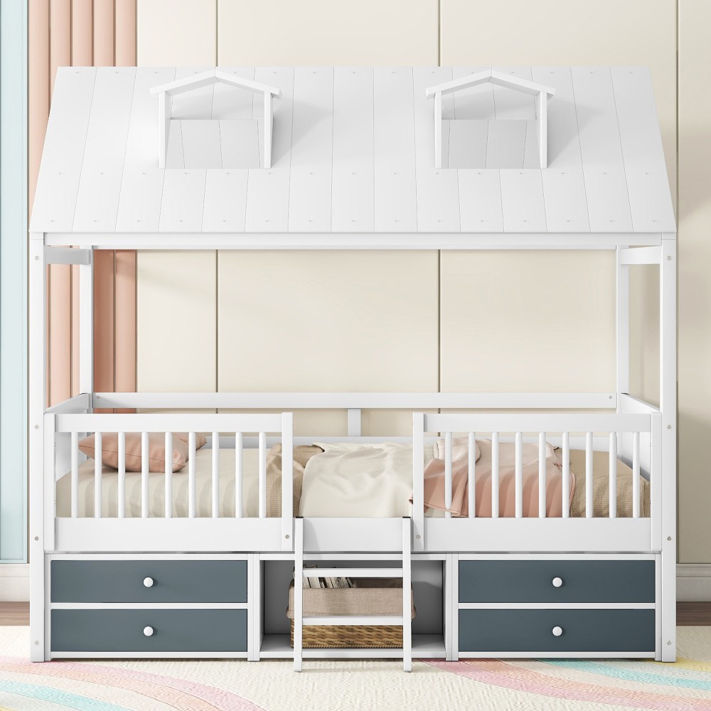 Full Size Wood Pine Bed House Bed Frame,White / Gray