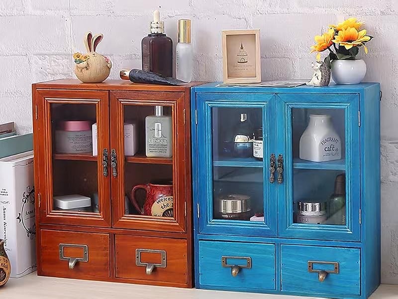 Narrow Vintage Pine Apothecary Cabinet 2 Doors 2 Drawers Brown | 12″L×4.7″W×14″H