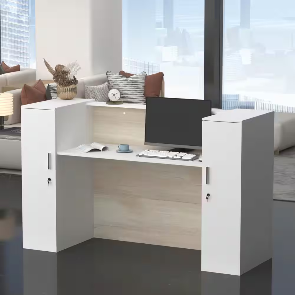 70.9 In. W Rectangular White and Wood Grain Wooden Computer Desk with Large Tabl