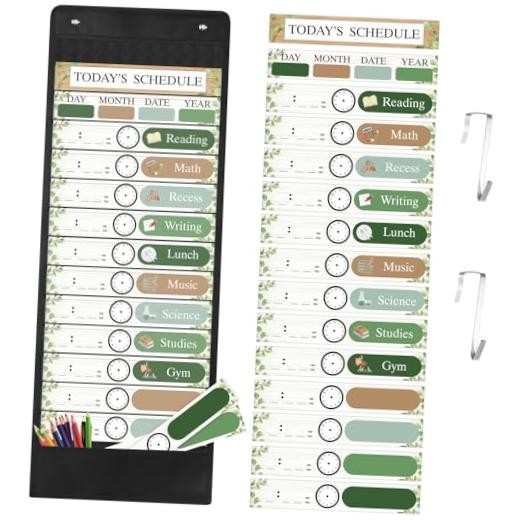 Daily Schedule Pocket Chart with 31 Reusable Cards and 14 Pockets Greenery
