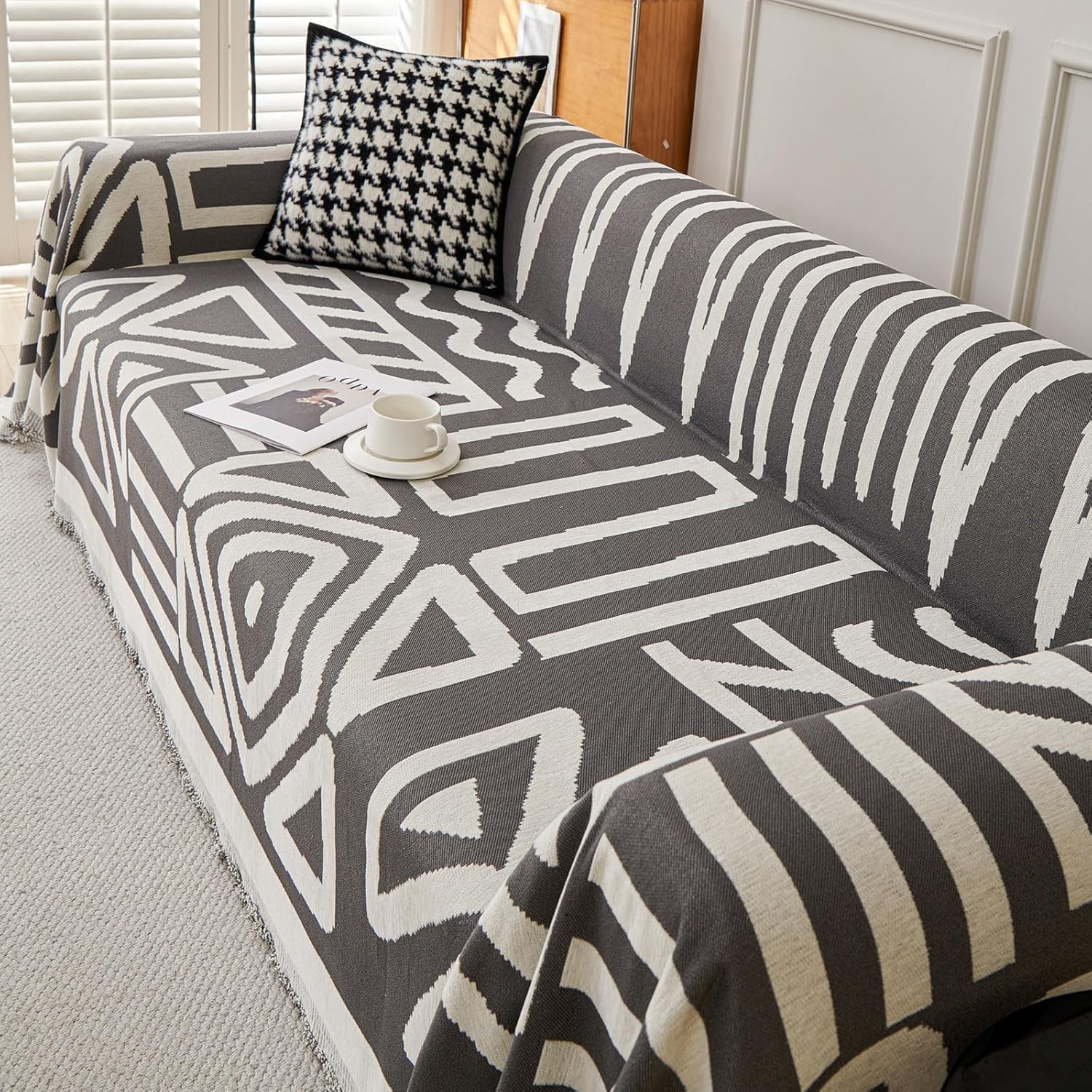 Boho Aztec Couch Cover Sofa Slip Cover Farmhouse Beige White Geometric Tribal