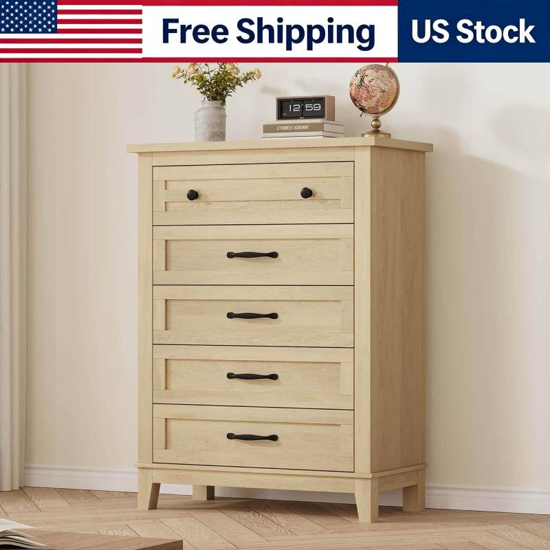Large Storage 5 Drawer Wooden Dresser 41.3″ Tall Vertical Freestanding Bedroom