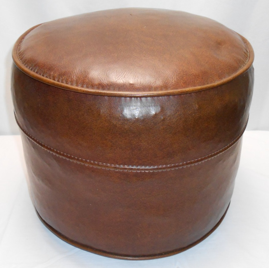 Vintage MCM Brown Vinyl Footstool Mid-Century Footrest Round Ottoman 14″ x 12″