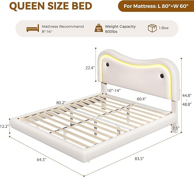 Marco De Cama Queen Size Plataforma Tapizada en Terciopelo Cama Cabecera Beige