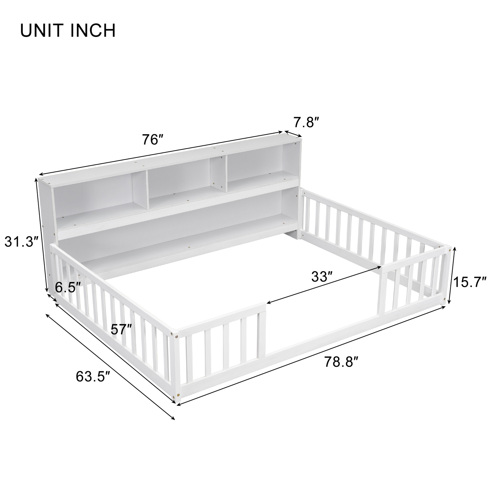 Modern Wood Full Floor Bed Frame with Side Bookcase/Shelves/Guardrails White US