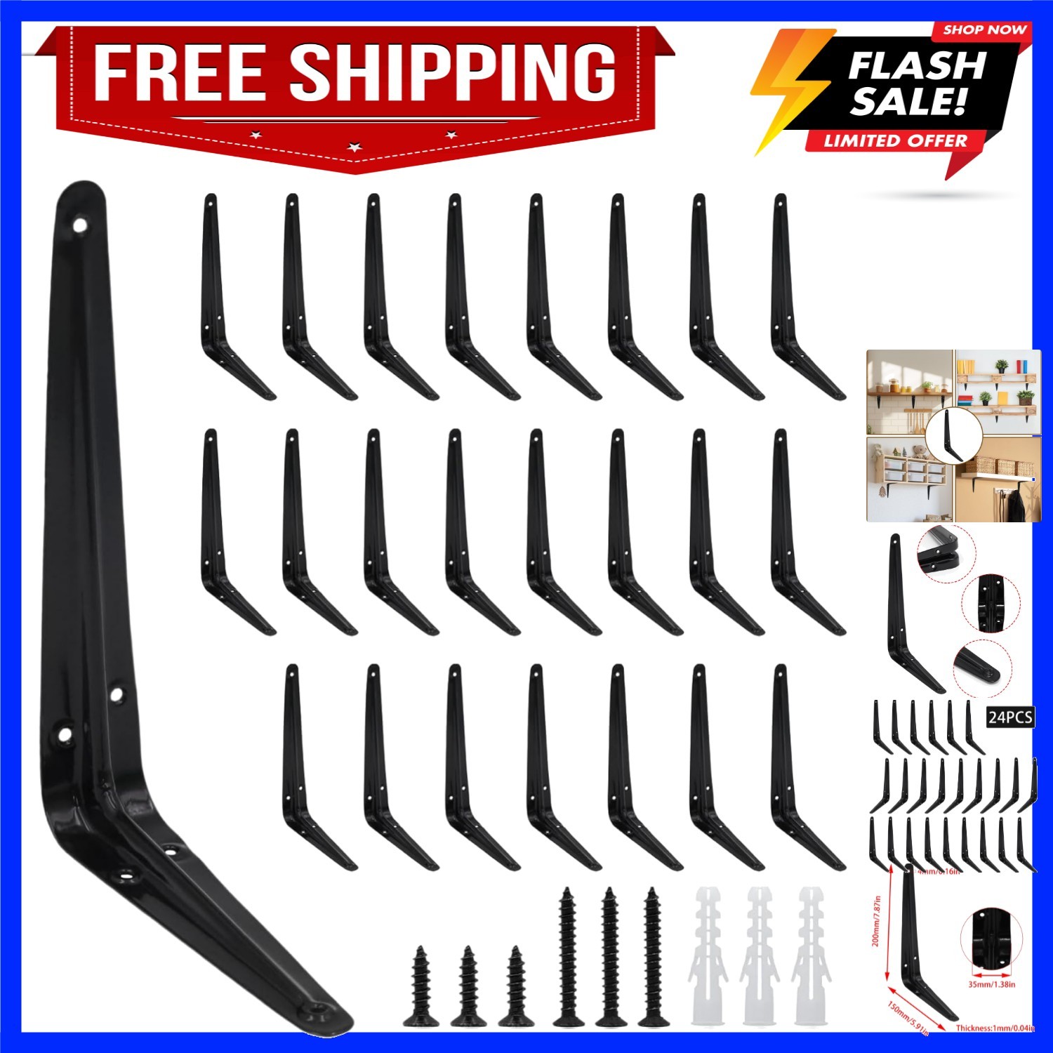 24Pcs 8 x 6 Inch Black Shelf Brackets, Heavy-Duty Metal Steel Corner L Bracke…
