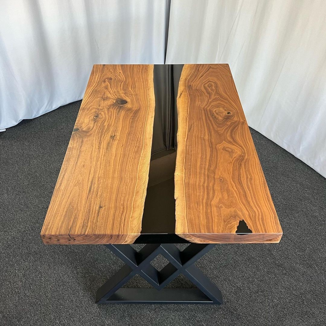 Handmade Live Edge Walnut Epoxy River Table | Ocean Blue Resin Dining Desk