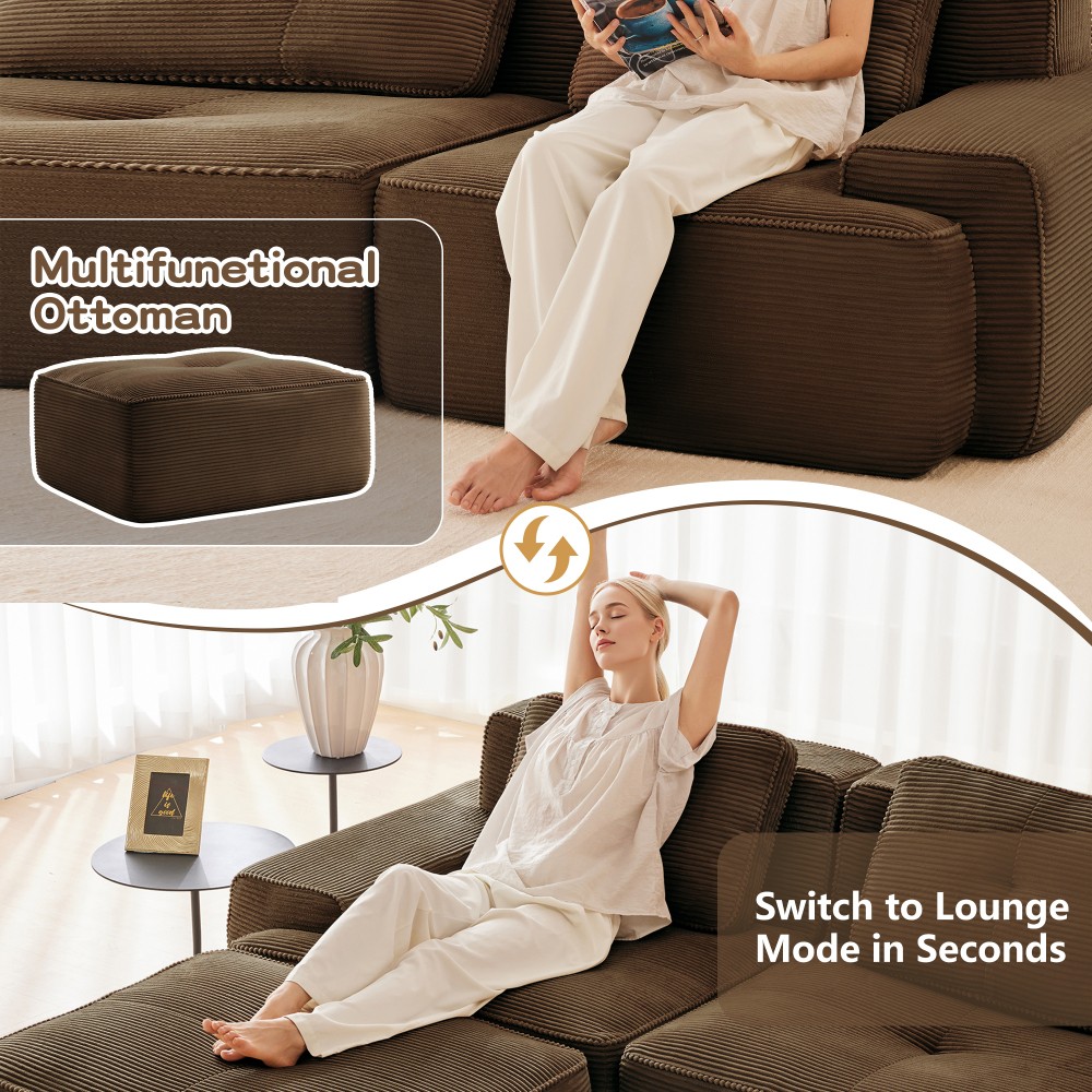 Modular U-Shaped Sectional Sofa w/ Ottoman, Corduroy Fabric, Ergonomic, Brown