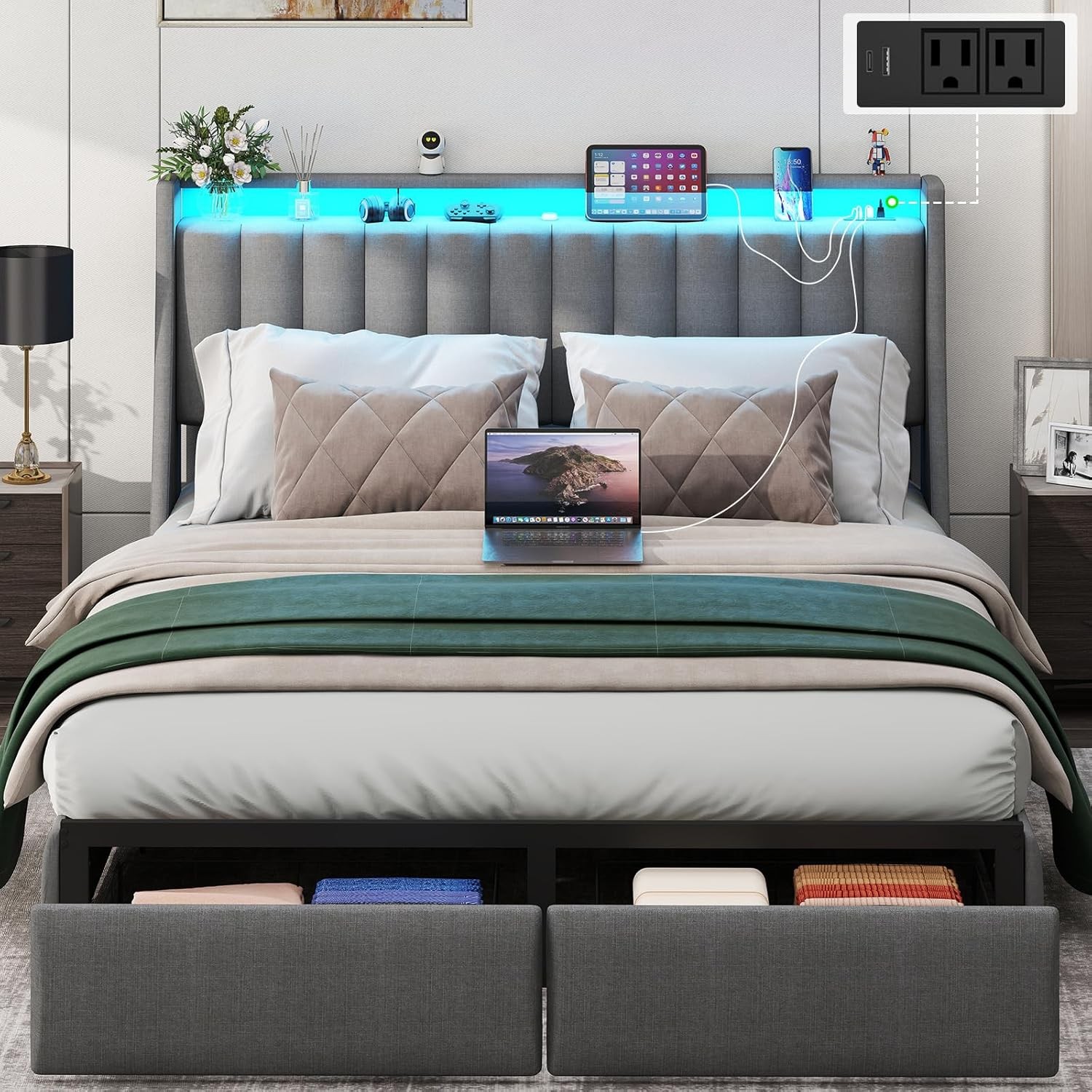 Full Size Metal Bed Frame with Storage Drawers & Upholstered Storage Headboard