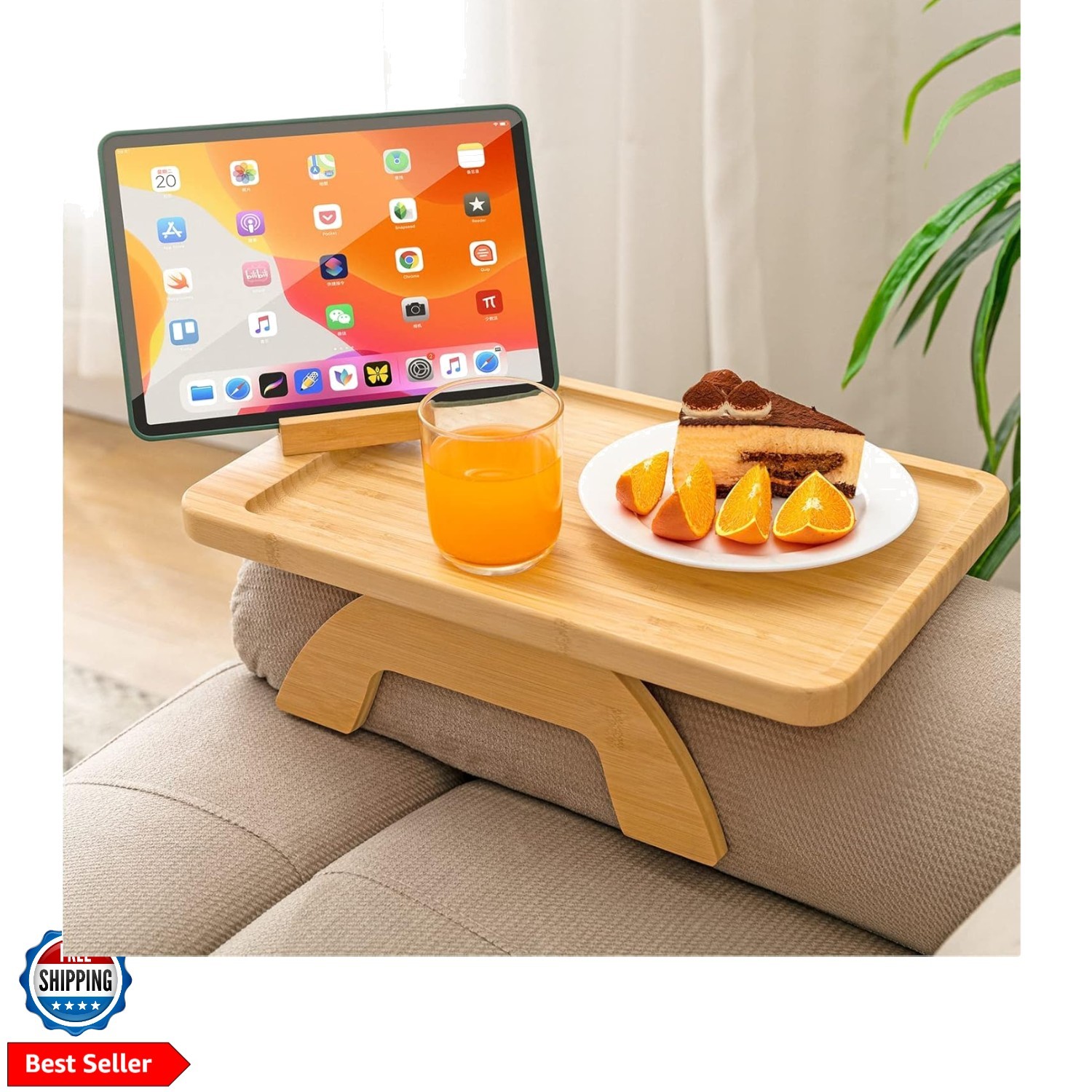 Couch Armrest Table with 360° Rotating Phone Holder, Bamboo 15.35 x 9.85in An…