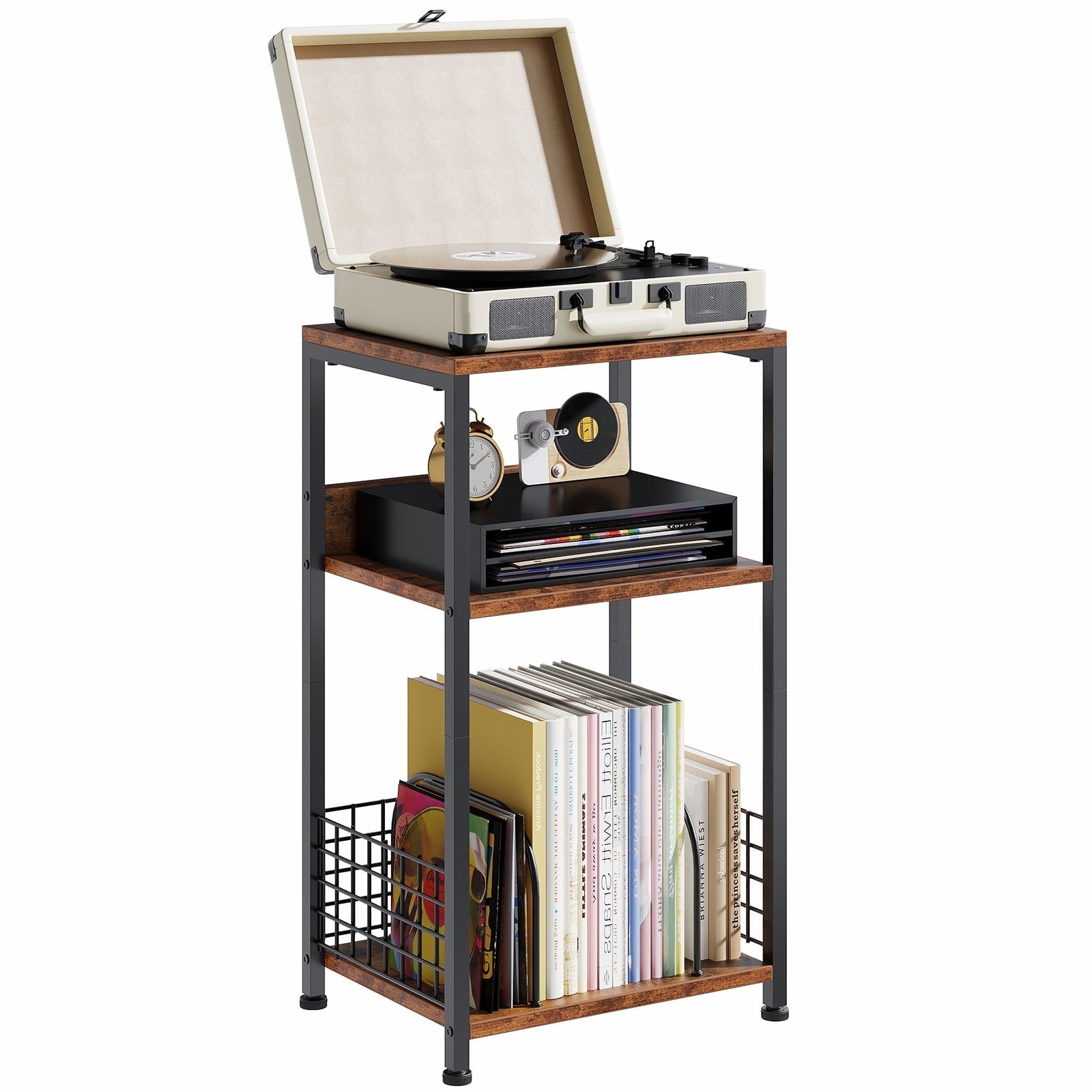3-Tier Side Table,Record Player Stand for Livingroom w/Storage Up to 100 Albums