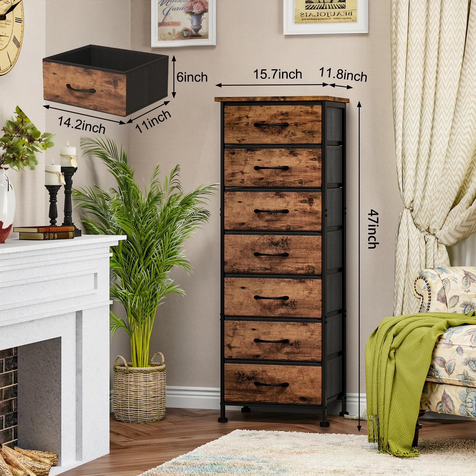 Fixwal Tall Dresser for 11.8″D x 15.7″W x 47.2″H (7 Drawers), Rustic Brown