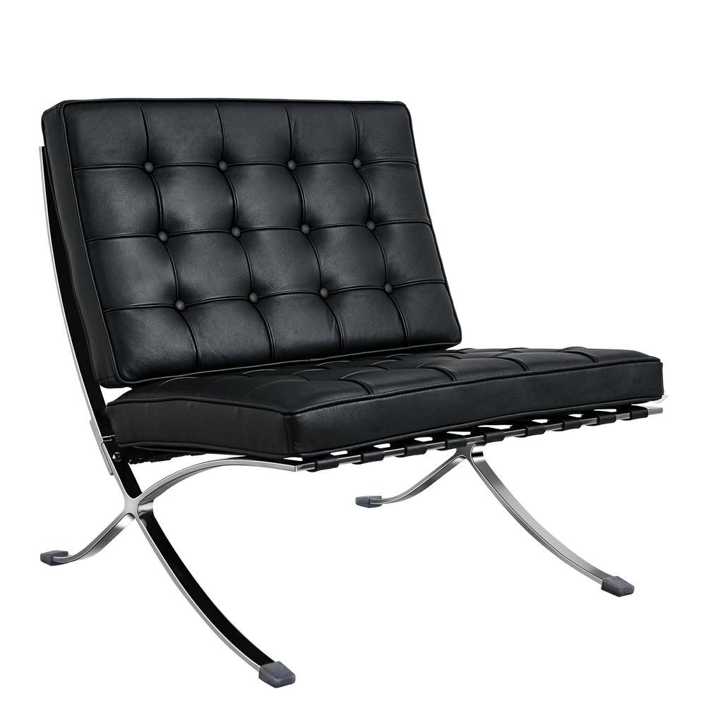 Mid-century Lounge Chair Real Leather Cushion Foldable Frame, Club Seat Ottoman
