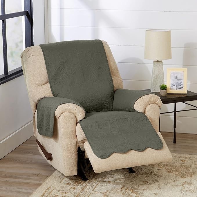 Reversible Quilted Sofa Furniture Protector – (Recliner, Sage Green / Light Gray