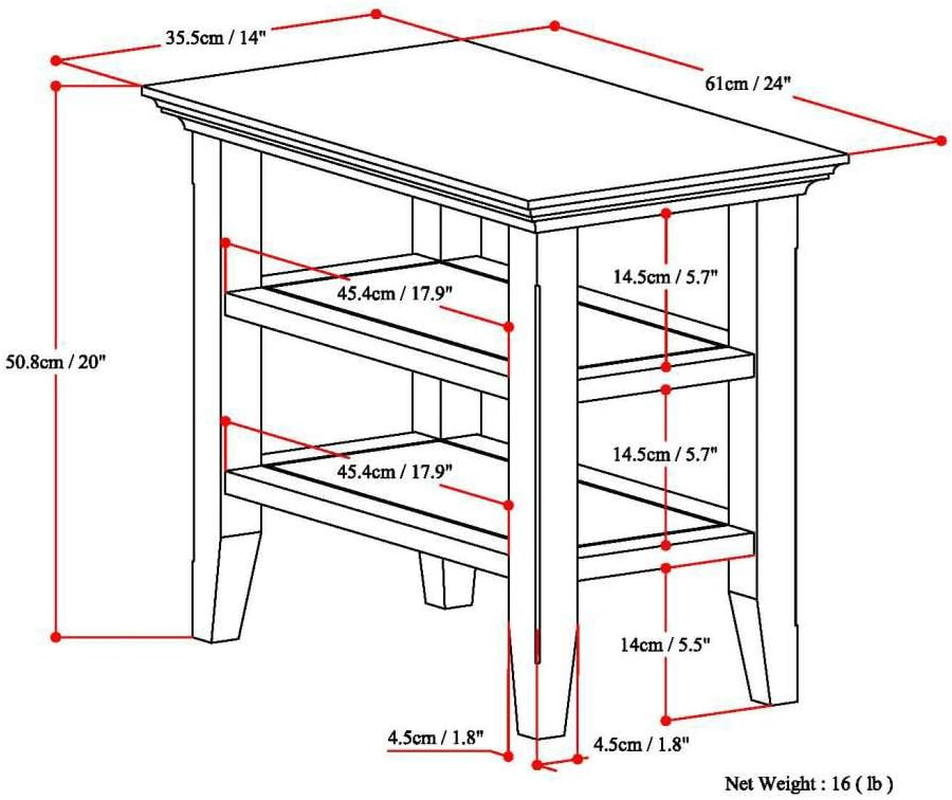 Acadian Narrow Side Table – 14″ Solid Wood End Table with 2 Open Shelves