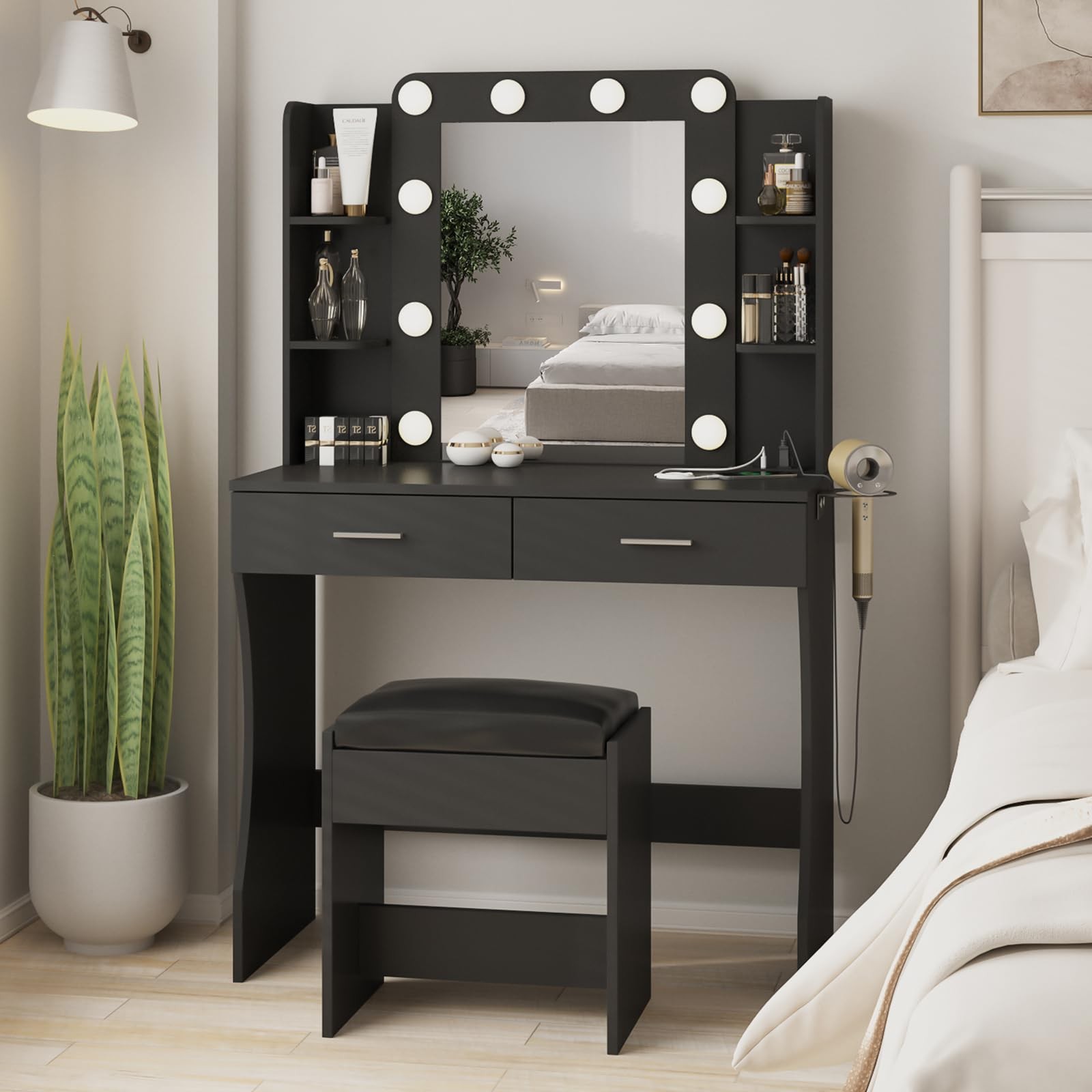 Vanity Desk with Lights,Makeup Vanity with Power Strip,Black