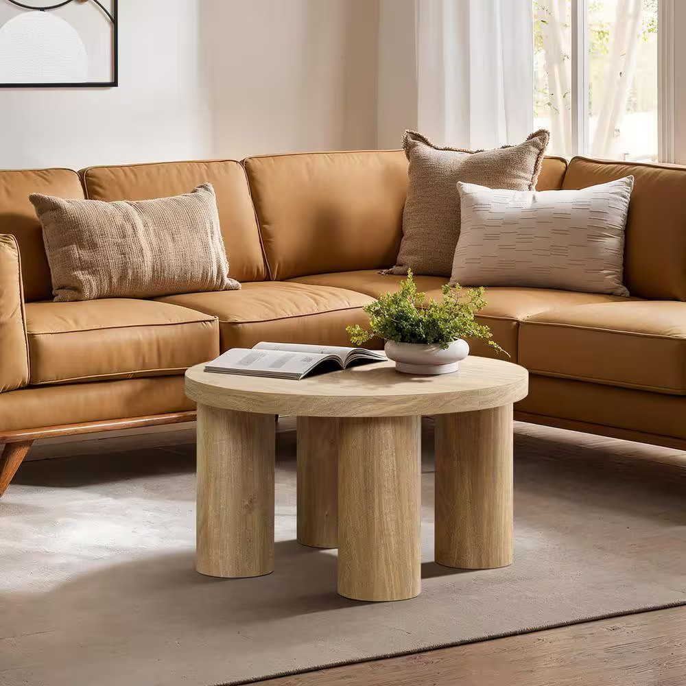 27.6 In. Oak round Wood Coffee Table with 4-Pillar Legs