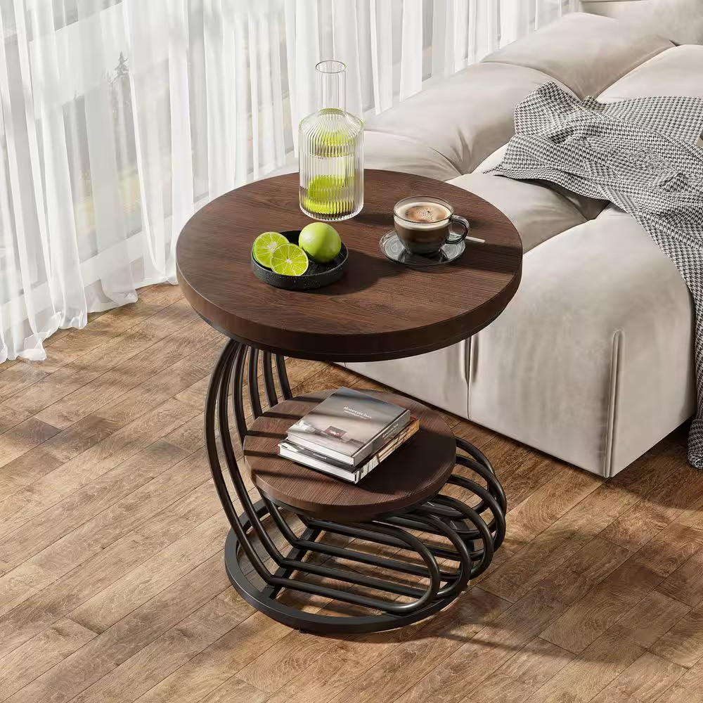 19.68 In. Width Brown Wood and Metal C-Shape End Table, 2 Tiers round Side Table