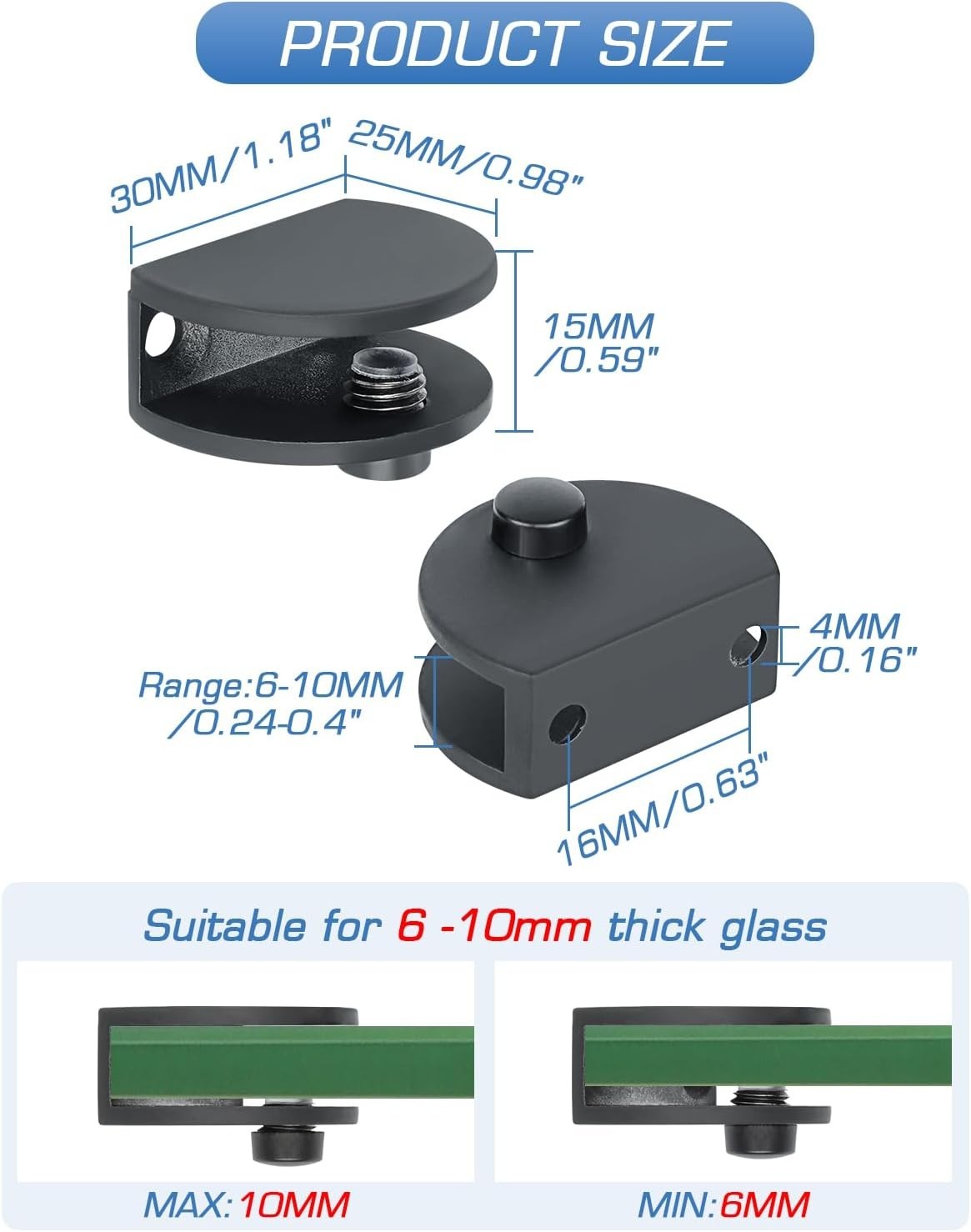 Metal Glass Shelf Bracket Set with Excellent Strength, Black Finish