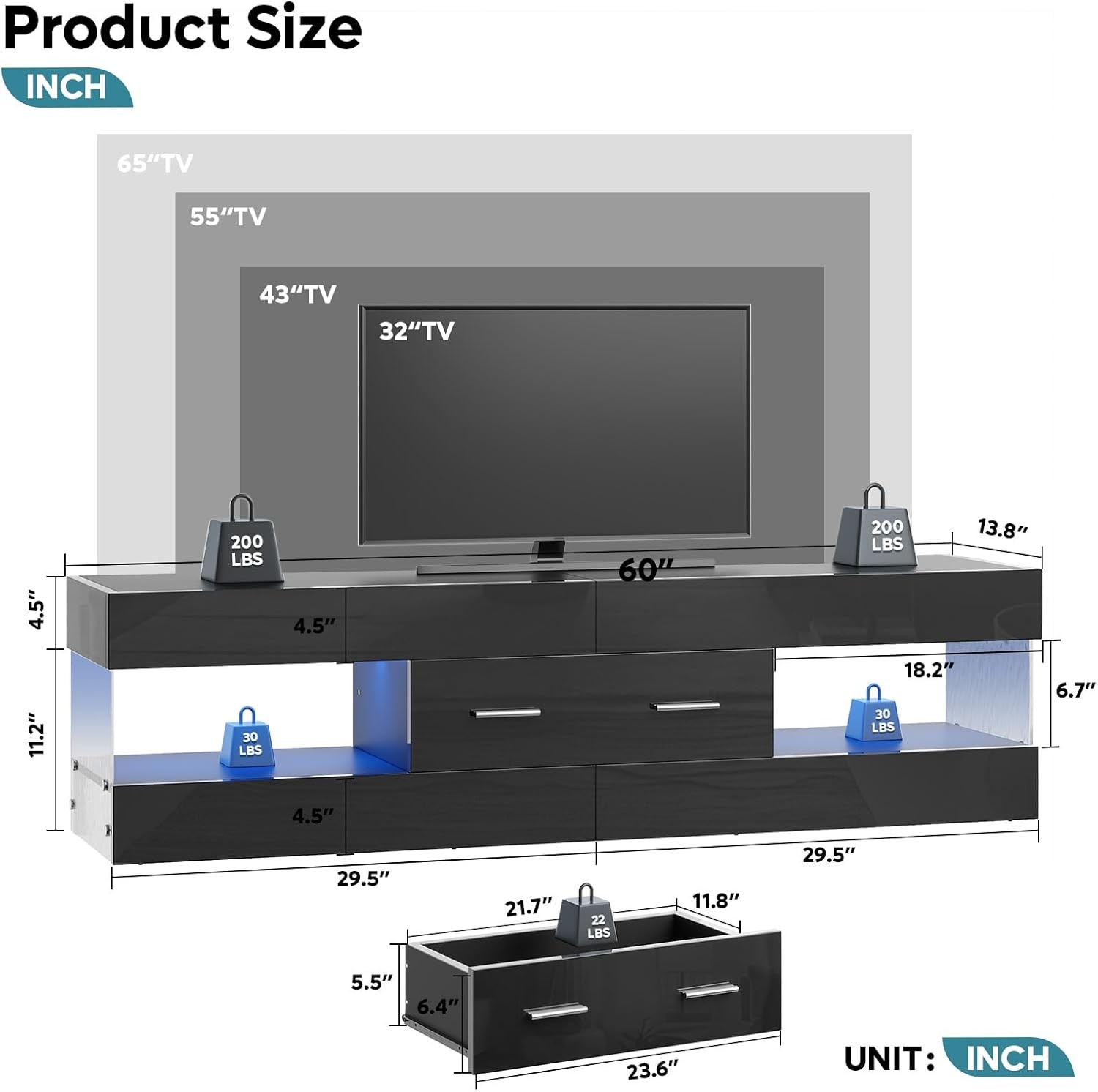 Black TV Stand for 55/60/65 Inch TV, High Gloss Modern TV Stand with